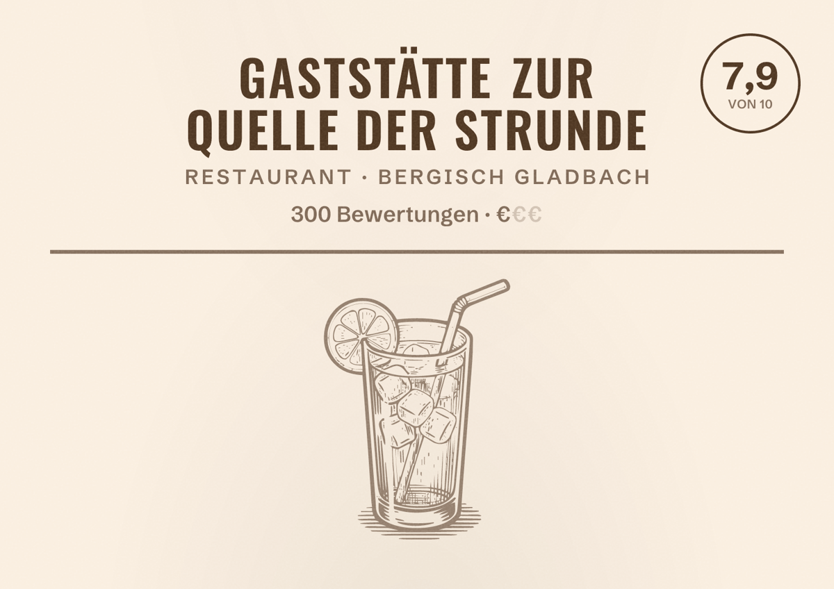 Illustriertes Poster von Gaststätte Zur Quelle der Strunde, Restaurant in Bergisch Gladbach: Bewertung 7,9 von 10 aus 300 Bewertungen, Preisniveau €