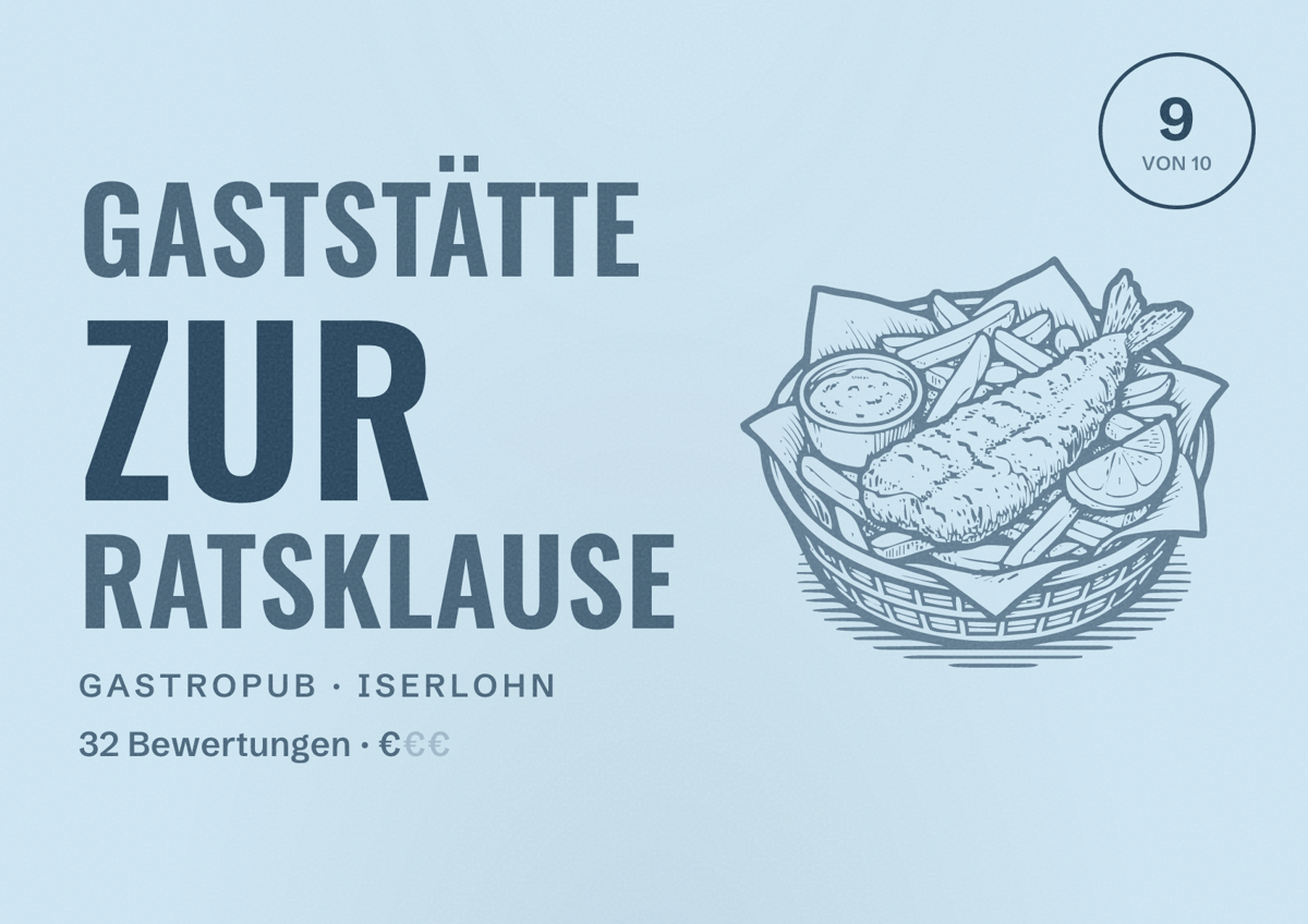 Illustriertes Poster von Gaststätte Zur Ratsklause, Gastropub in Iserlohn: Bewertung 9 von 10 aus 32 Bewertungen, Preisniveau €