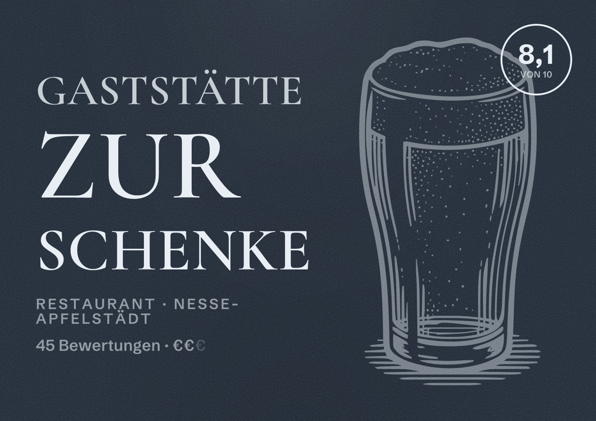 Illustriertes Poster von Gaststätte Zur Schenke, Restaurant in Nesse-Apfelstädt: Bewertung 8,1 von 10 aus 45 Bewertungen, Preisniveau €€