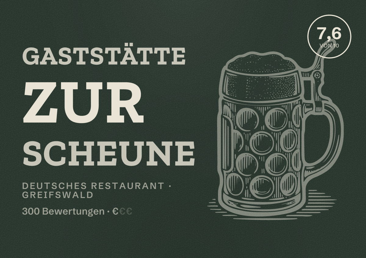 Illustriertes Poster von Gaststätte Zur Scheune, Deutsches Restaurant in Greifswald: Bewertung 7,6 von 10 aus 300 Bewertungen, Preisniveau €