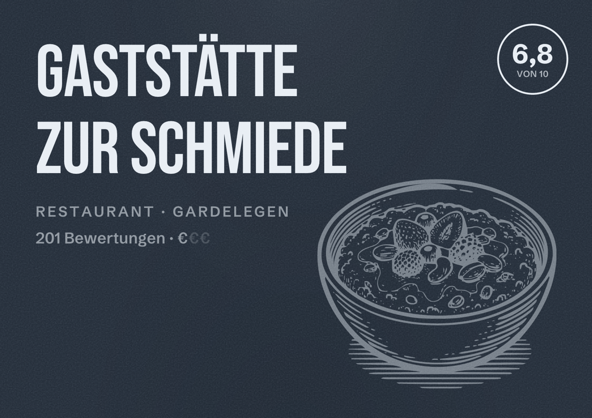 Illustriertes Poster von Gaststätte Zur Schmiede, Restaurant in Gardelegen: Bewertung 6,8 von 10 aus 201 Bewertungen, Preisniveau €