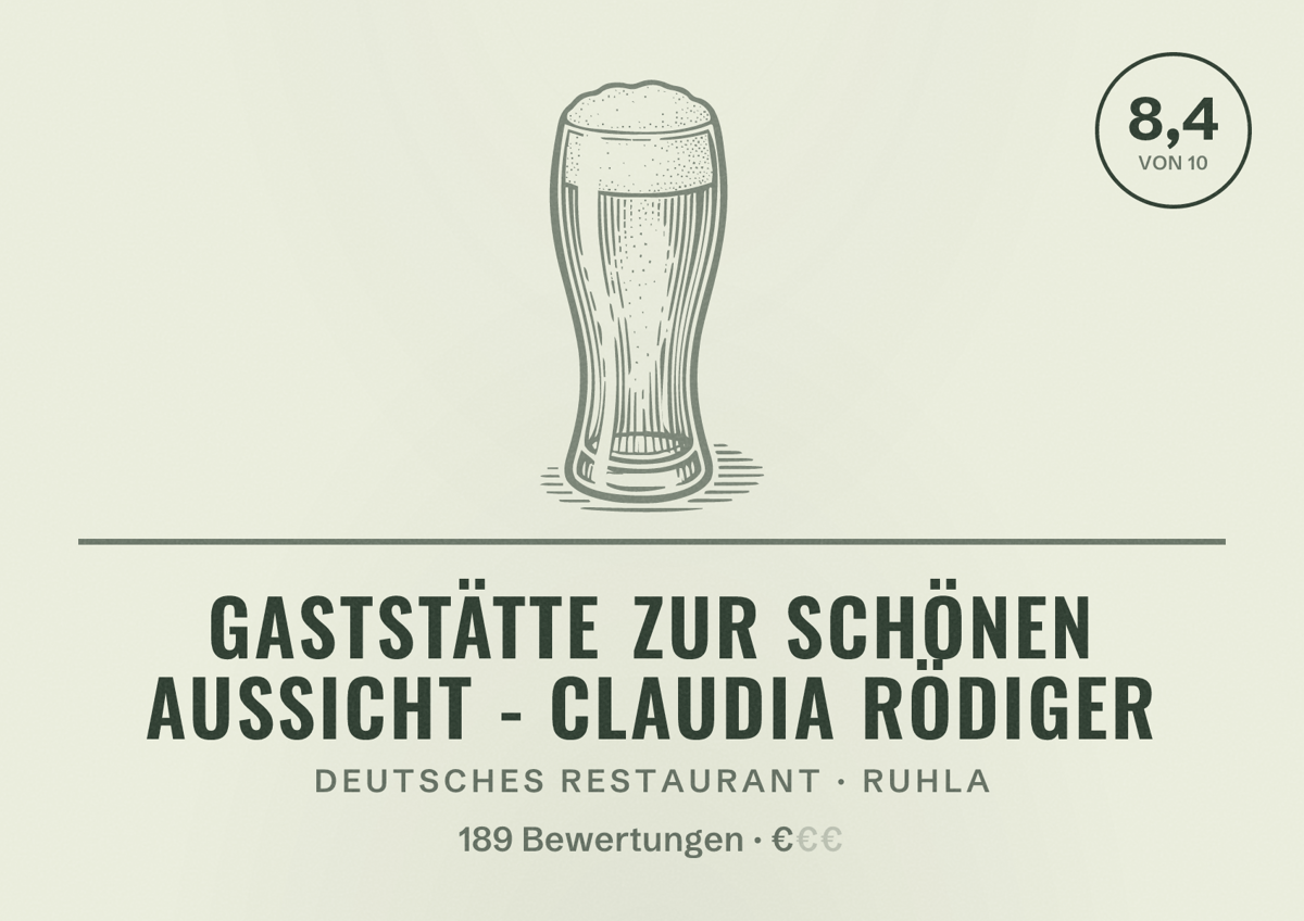 Illustriertes Poster von Gaststätte Zur schönen Aussicht - Claudia Rödiger, Deutsches Restaurant in Ruhla: Bewertung 8,4 von 10 aus 189 Bewertungen, Preisniveau €