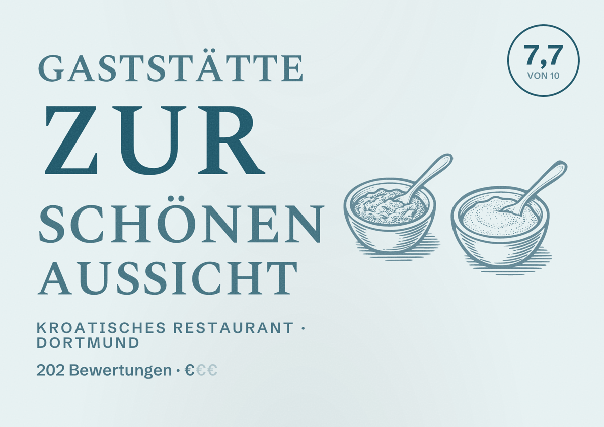 Illustriertes Poster von Gaststätte Zur schönen Aussicht, Kroatisches Restaurant in Dortmund: Bewertung 7,7 von 10 aus 202 Bewertungen, Preisniveau €