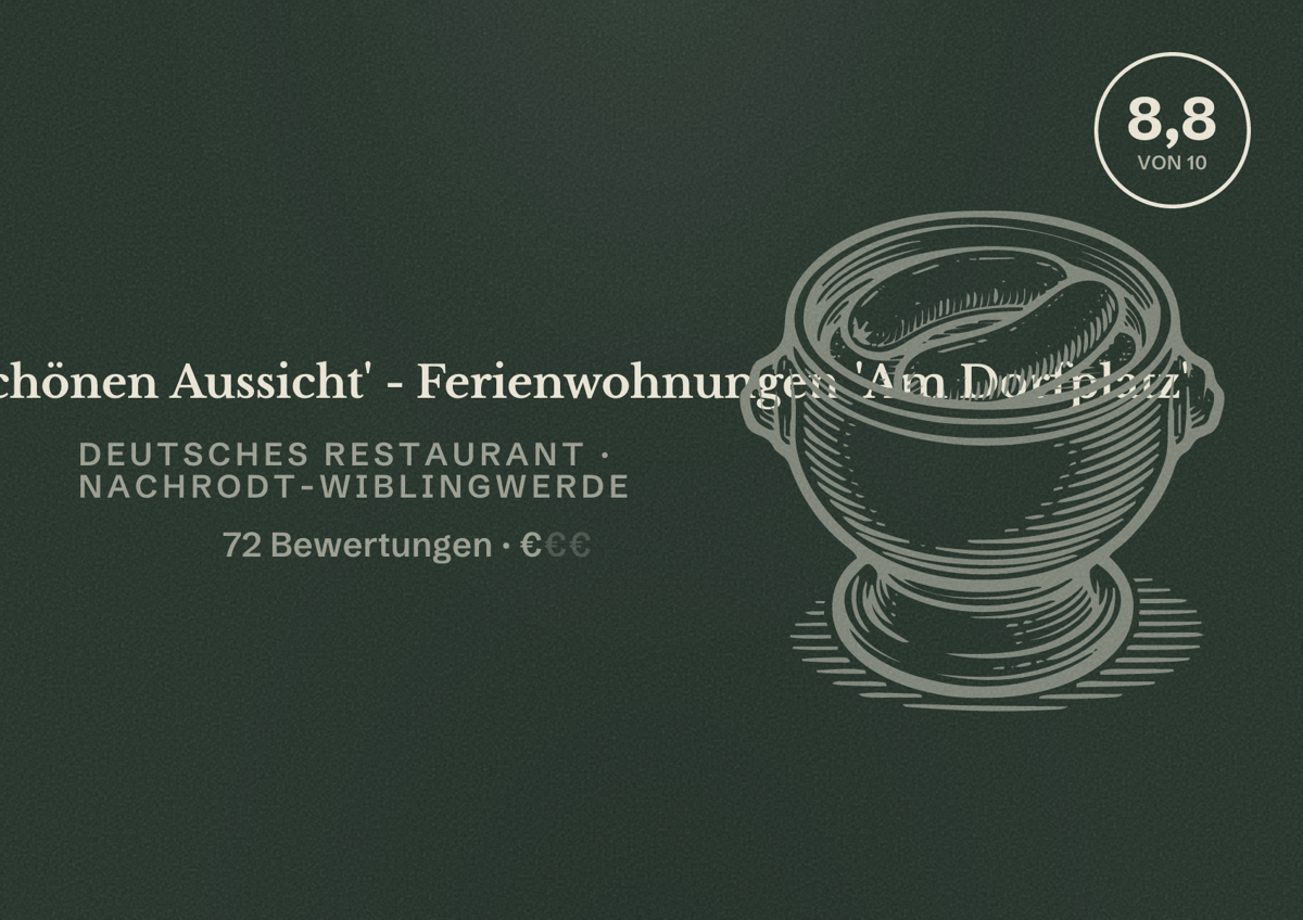 Illustriertes Poster von Gaststätte 'Zur schönen Aussicht' - Ferienwohnungen 'Am Dorfplatz', Deutsches Restaurant in Nachrodt-Wiblingwerde: Bewertung 8,8 von 10 aus 72 Bewertungen, Preisniveau €