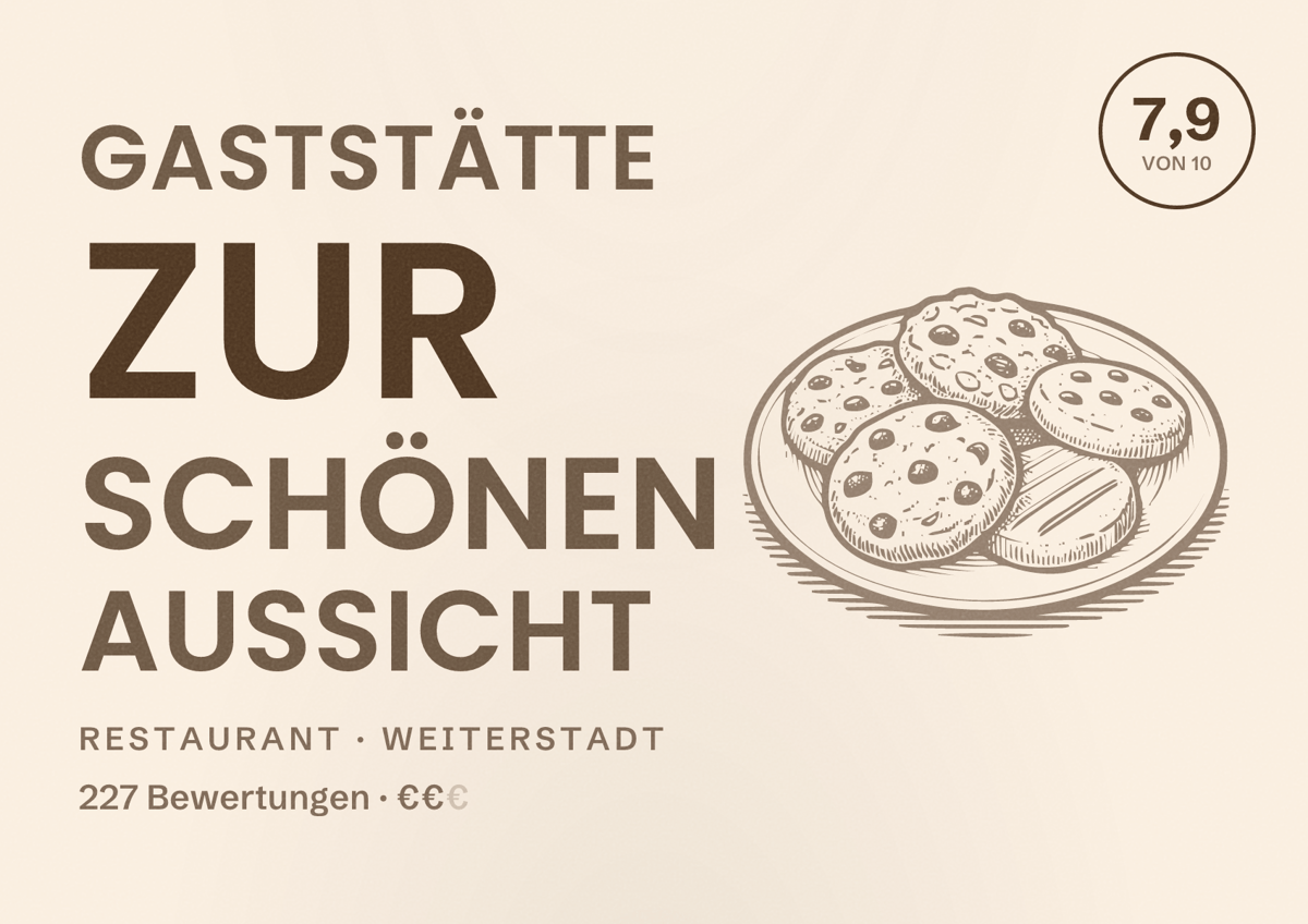 Illustriertes Poster von Gaststätte Zur Schönen Aussicht, Restaurant in Weiterstadt: Bewertung 7,9 von 10 aus 227 Bewertungen, Preisniveau €€