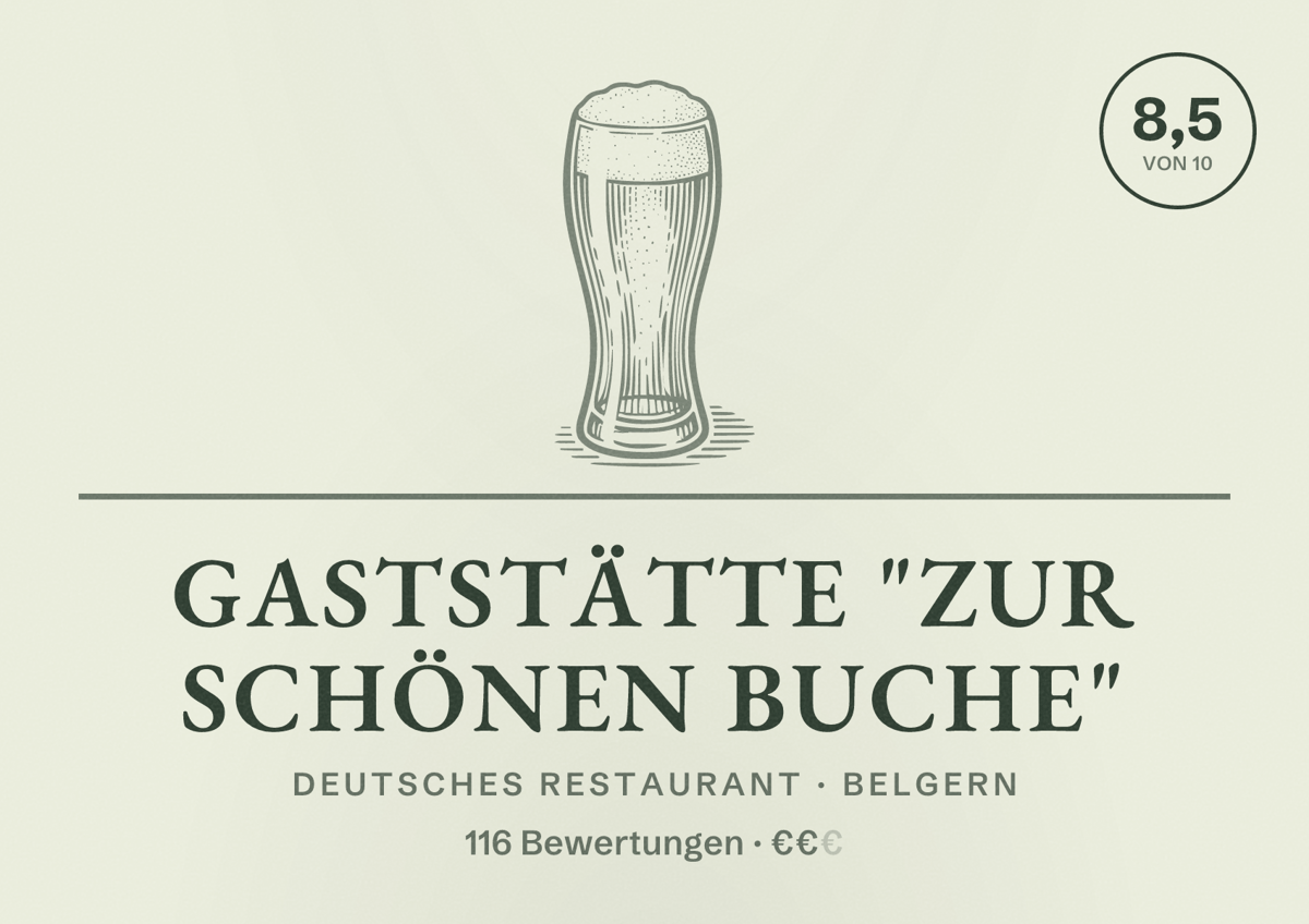 Illustriertes Poster von Gaststätte "Zur schönen Buche", Deutsches Restaurant in Belgern: Bewertung 8,5 von 10 aus 116 Bewertungen, Preisniveau €€