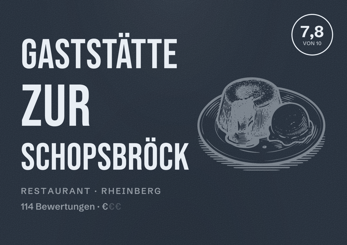 Illustriertes Poster von Gaststätte zur Schopsbröck, Restaurant in Rheinberg: Bewertung 7,8 von 10 aus 114 Bewertungen, Preisniveau €