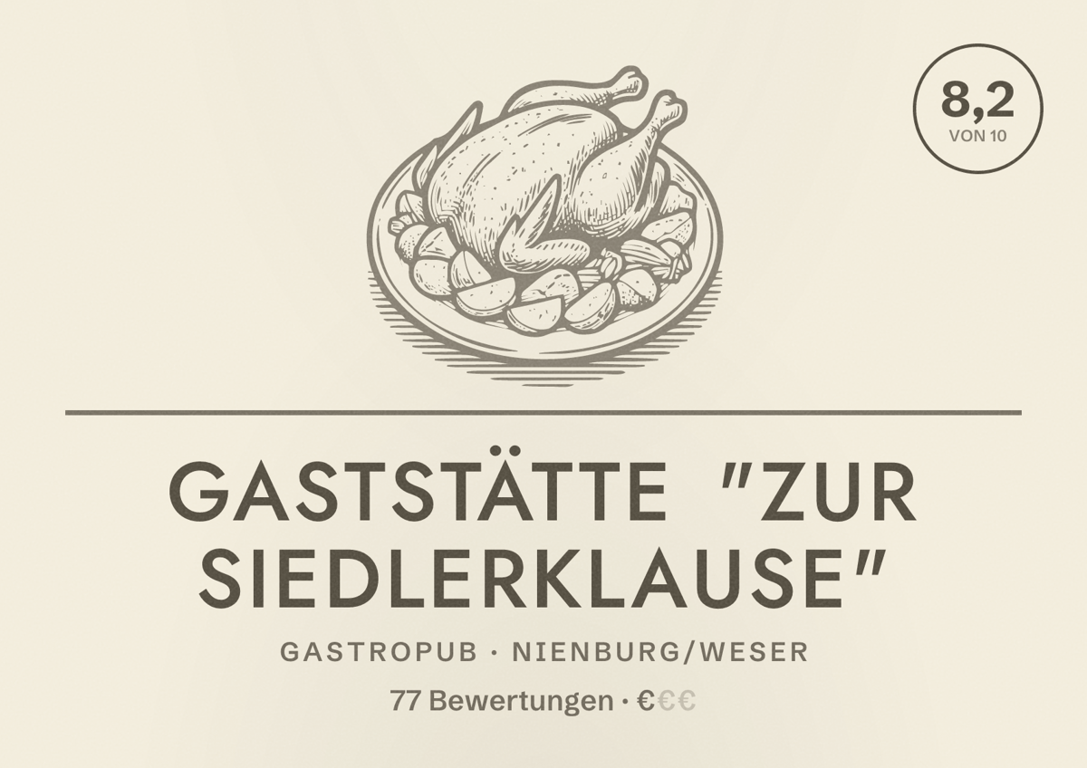 Illustriertes Poster von Gaststätte "Zur Siedlerklause", Gastropub in Nienburg/Weser: Bewertung 8,2 von 10 aus 77 Bewertungen, Preisniveau €