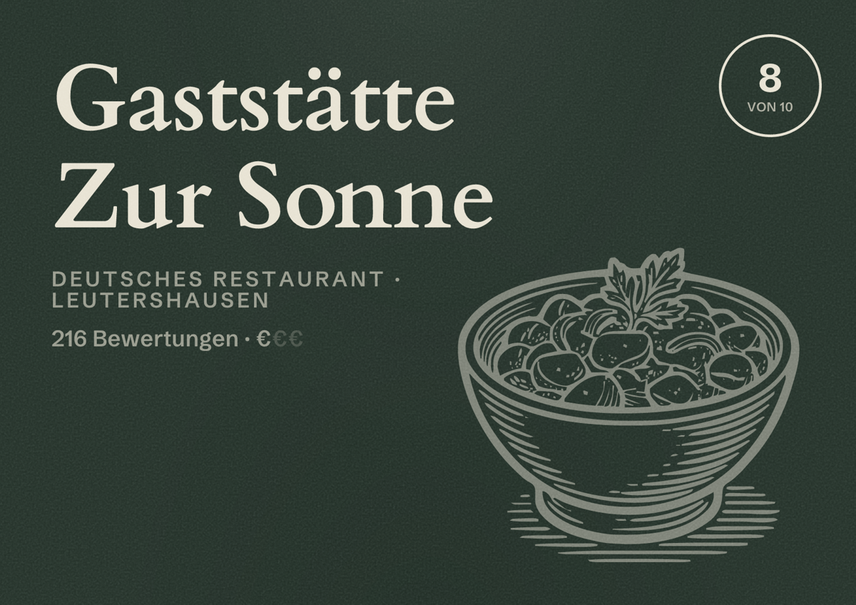 Illustriertes Poster von Gaststätte Zur Sonne, Deutsches Restaurant in Leutershausen: Bewertung 8 von 10 aus 216 Bewertungen, Preisniveau €