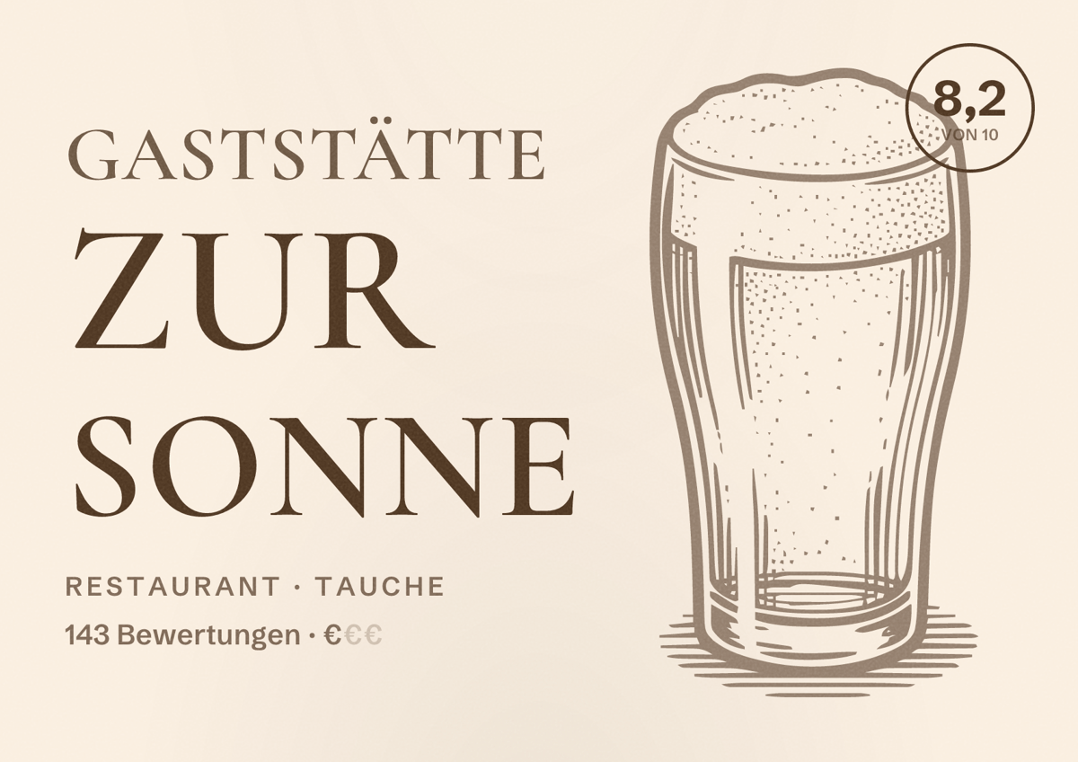 Illustriertes Poster von Gaststätte zur Sonne, Restaurant in Tauche: Bewertung 8,2 von 10 aus 143 Bewertungen, Preisniveau €