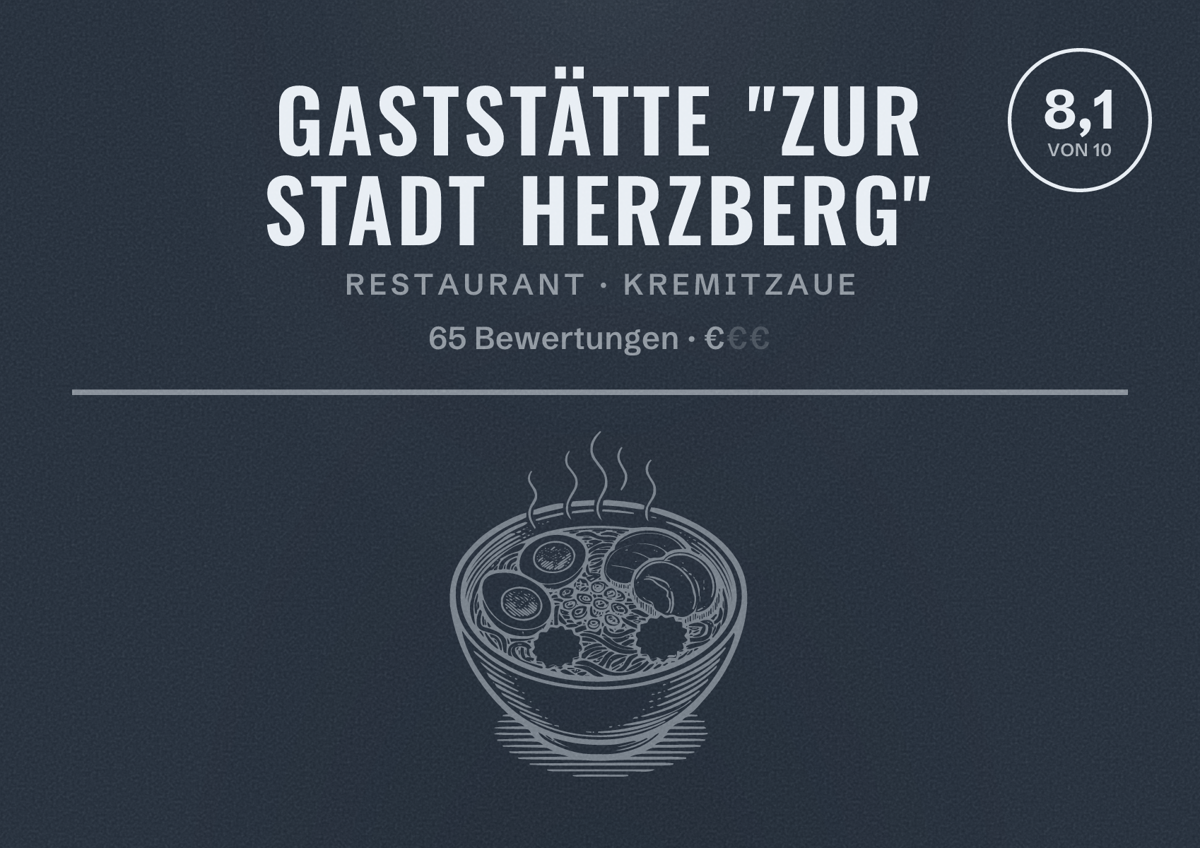 Illustriertes Poster von Gaststätte "Zur Stadt Herzberg", Restaurant in Kremitzaue: Bewertung 8,1 von 10 aus 65 Bewertungen, Preisniveau €