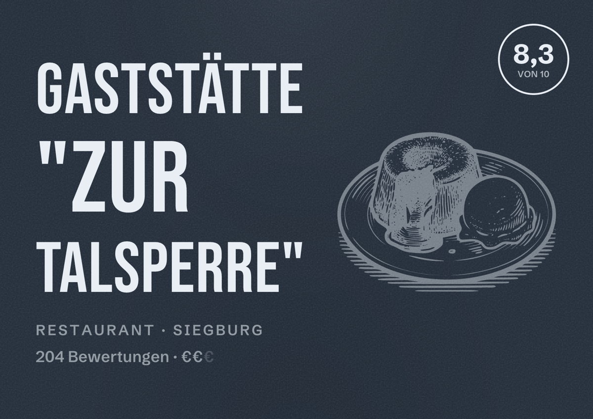 Illustriertes Poster von Gaststätte "Zur Talsperre", Restaurant in Siegburg: Bewertung 8,3 von 10 aus 204 Bewertungen, Preisniveau €€
