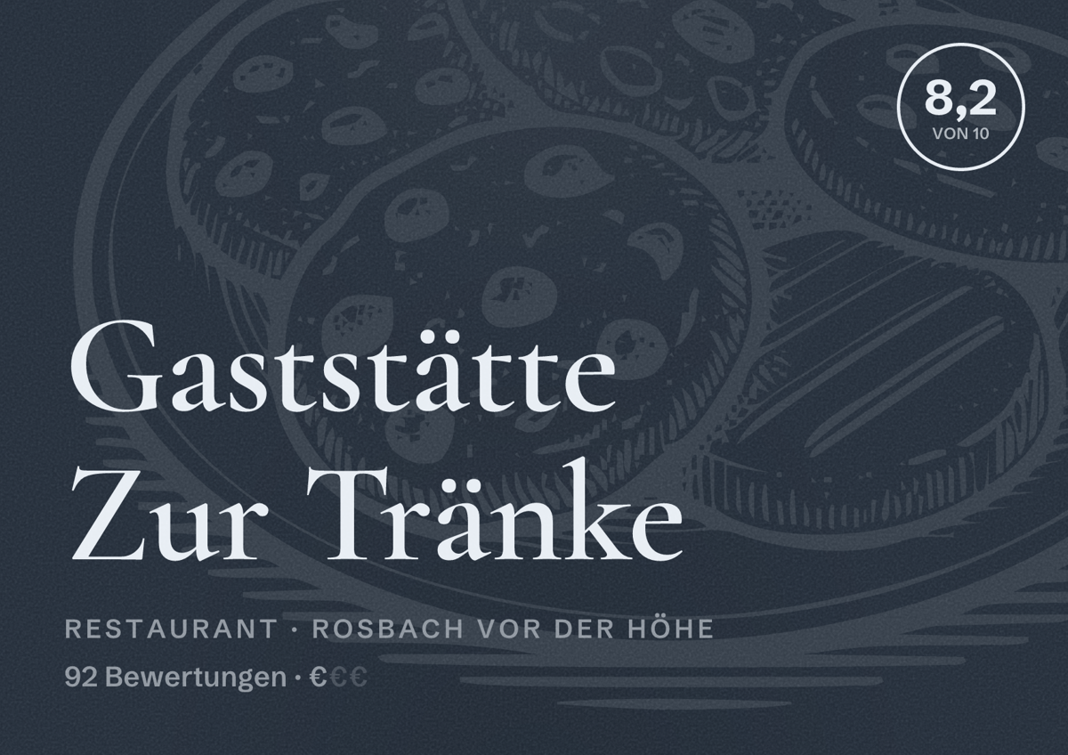 Illustriertes Poster von Gaststätte Zur Tränke, Restaurant in Rosbach vor der Höhe: Bewertung 8,2 von 10 aus 92 Bewertungen, Preisniveau €