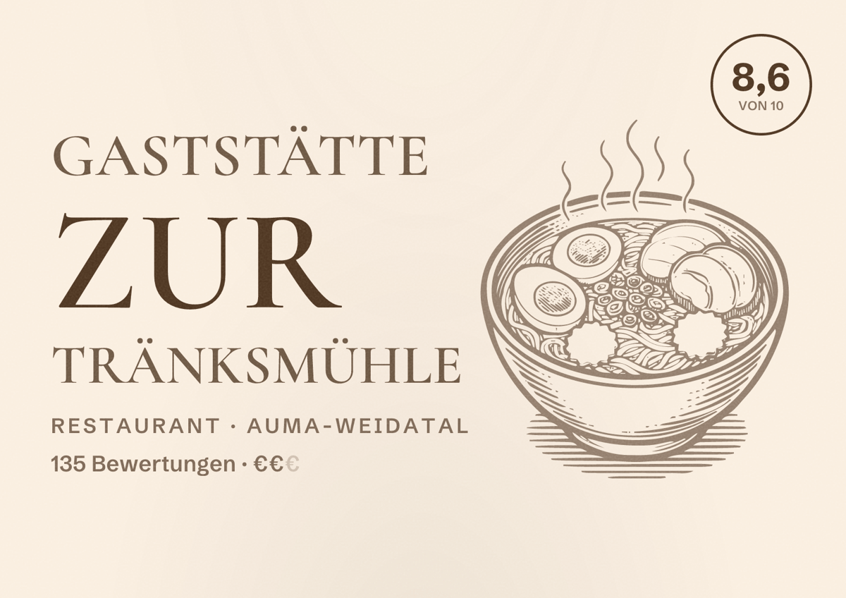 Illustriertes Poster von Gaststätte zur Tränksmühle, Restaurant in Auma-Weidatal: Bewertung 8,6 von 10 aus 135 Bewertungen, Preisniveau €€
