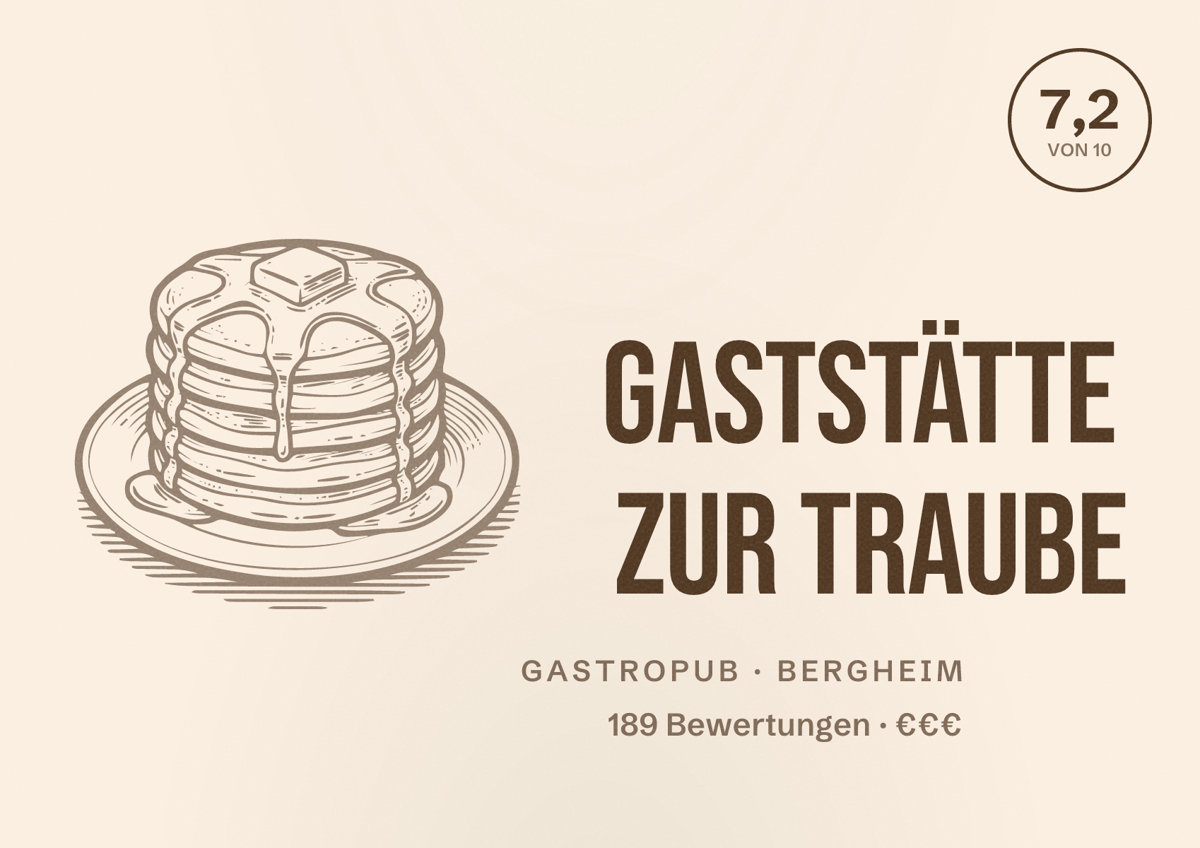 Illustriertes Poster von Gaststätte Zur Traube, Gastropub in Bergheim: Bewertung 7,2 von 10 aus 189 Bewertungen, Preisniveau €€€