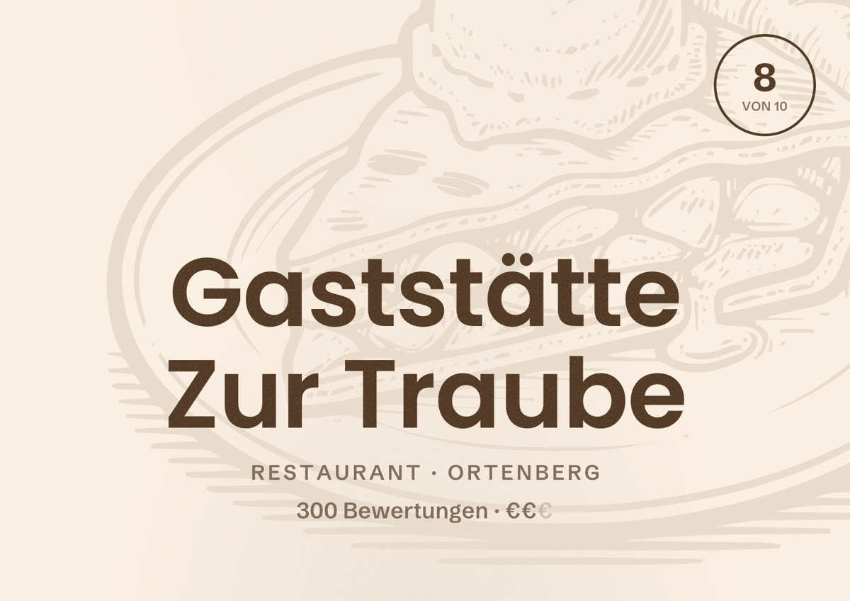 Illustriertes Poster von Gaststätte Zur Traube, Restaurant in Ortenberg: Bewertung 8 von 10 aus 300 Bewertungen, Preisniveau €€
