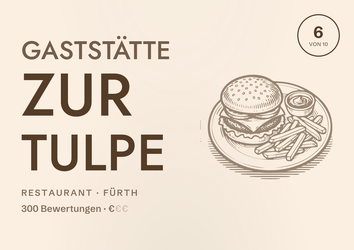 Illustriertes Poster von Gaststätte Zur Tulpe, Restaurant in Fürth: Bewertung 6 von 10 aus 300 Bewertungen, Preisniveau €