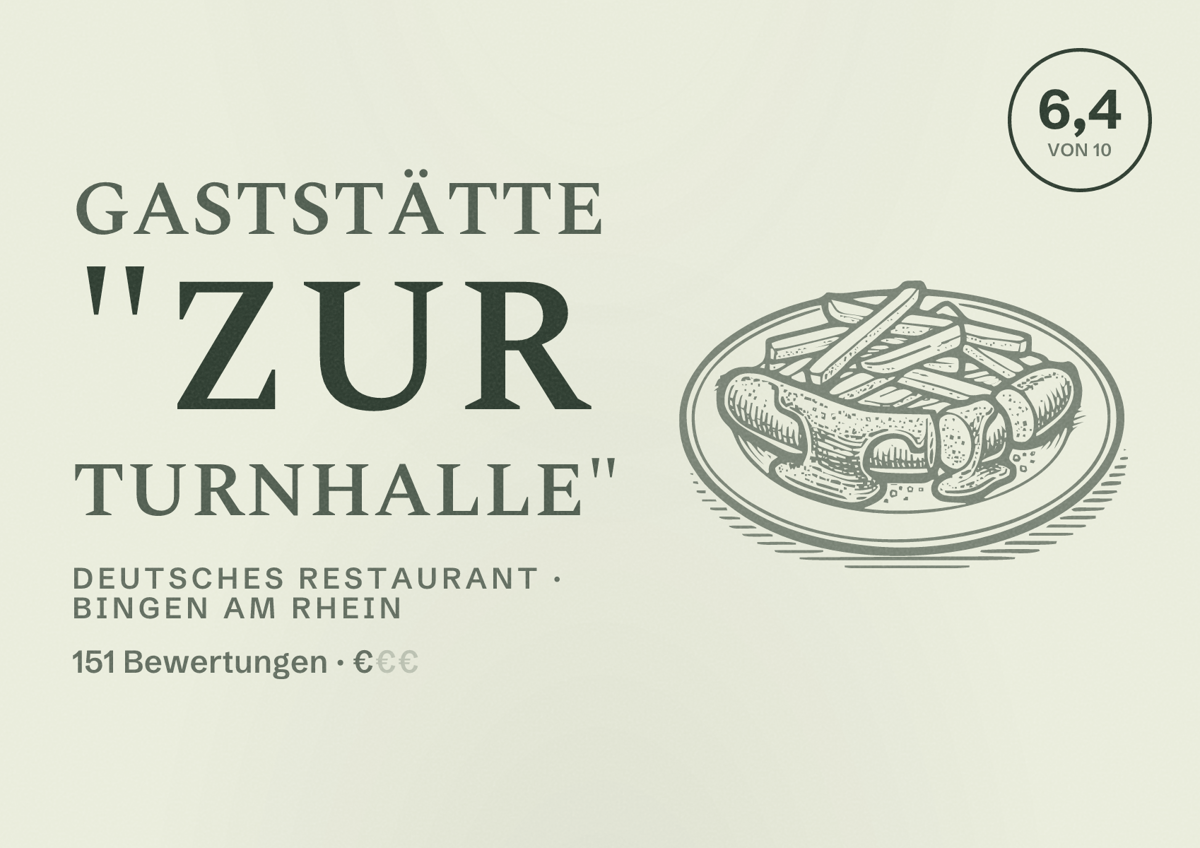 Illustriertes Poster von Gaststätte "Zur Turnhalle", Deutsches Restaurant in Bingen am Rhein: Bewertung 6,4 von 10 aus 151 Bewertungen, Preisniveau €