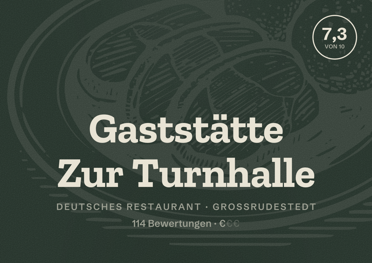 Illustriertes Poster von Gaststätte Zur Turnhalle, Deutsches Restaurant in Großrudestedt: Bewertung 7,3 von 10 aus 114 Bewertungen, Preisniveau €
