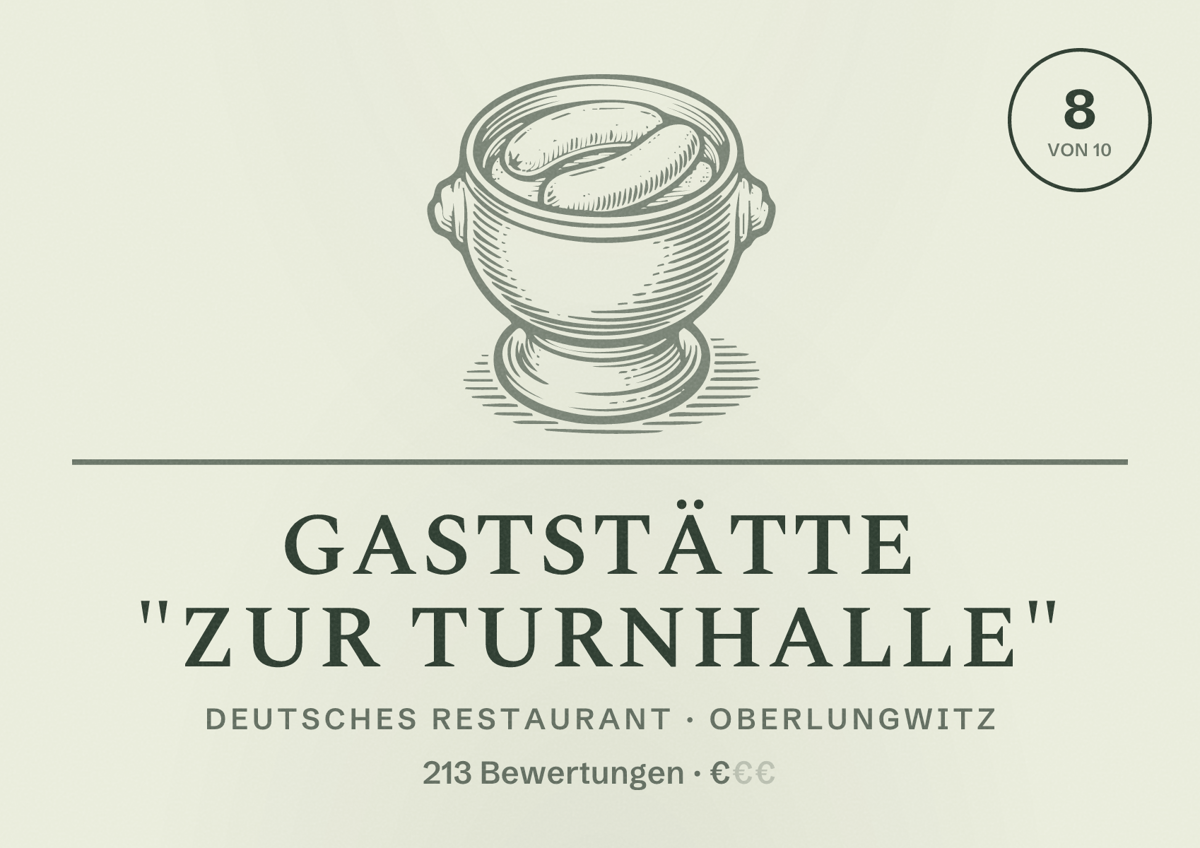 Illustriertes Poster von Gaststätte "Zur Turnhalle", Deutsches Restaurant in Oberlungwitz: Bewertung 8 von 10 aus 213 Bewertungen, Preisniveau €