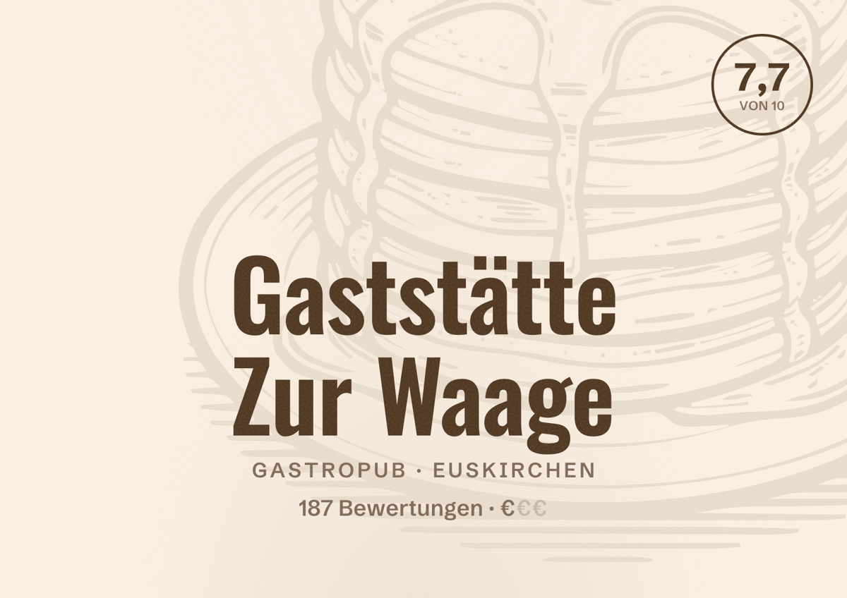Illustriertes Poster von Gaststätte Zur Waage, Gastropub in Euskirchen: Bewertung 7,7 von 10 aus 187 Bewertungen, Preisniveau €