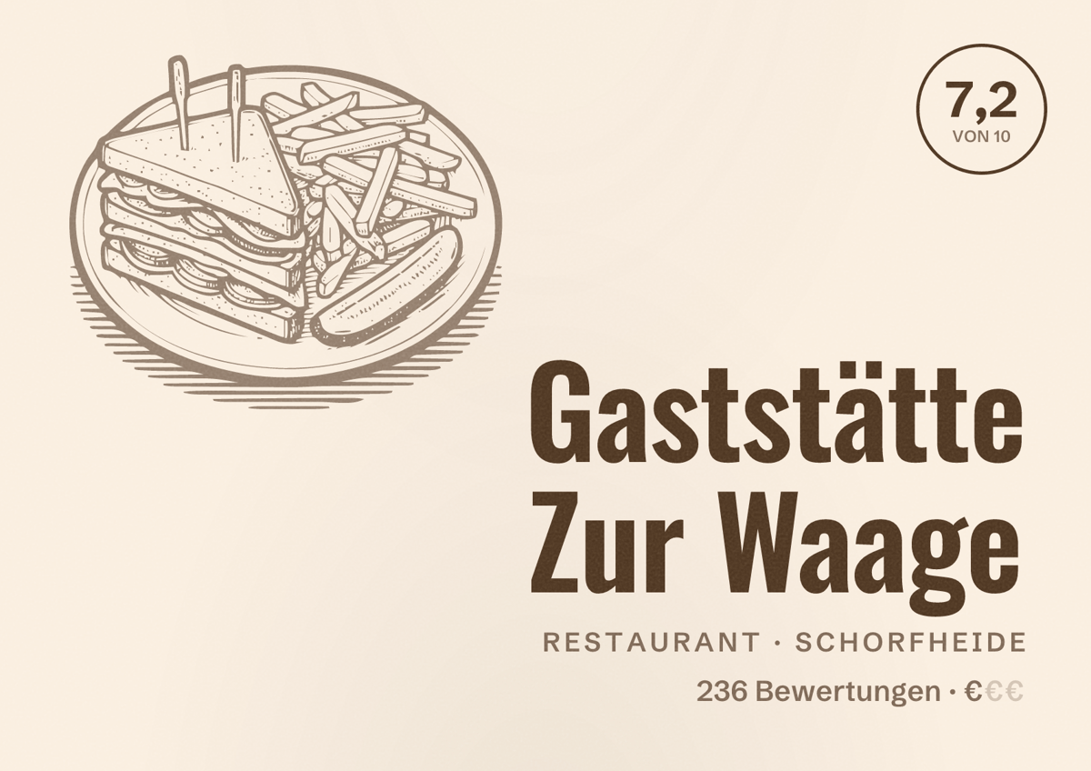 Illustriertes Poster von Gaststätte Zur Waage, Restaurant in Schorfheide: Bewertung 7,2 von 10 aus 236 Bewertungen, Preisniveau €