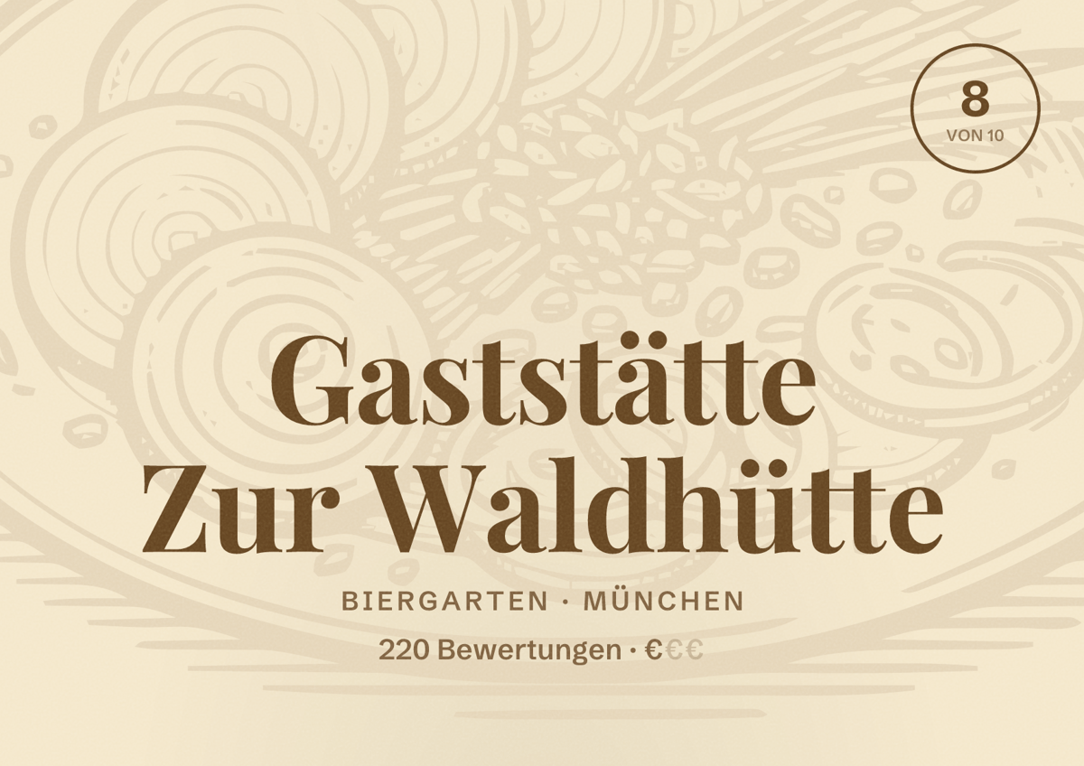 Illustriertes Poster von Gaststätte Zur Waldhütte, Biergarten in München: Bewertung 8,0 von 10 aus 220 Bewertungen, Preisniveau €