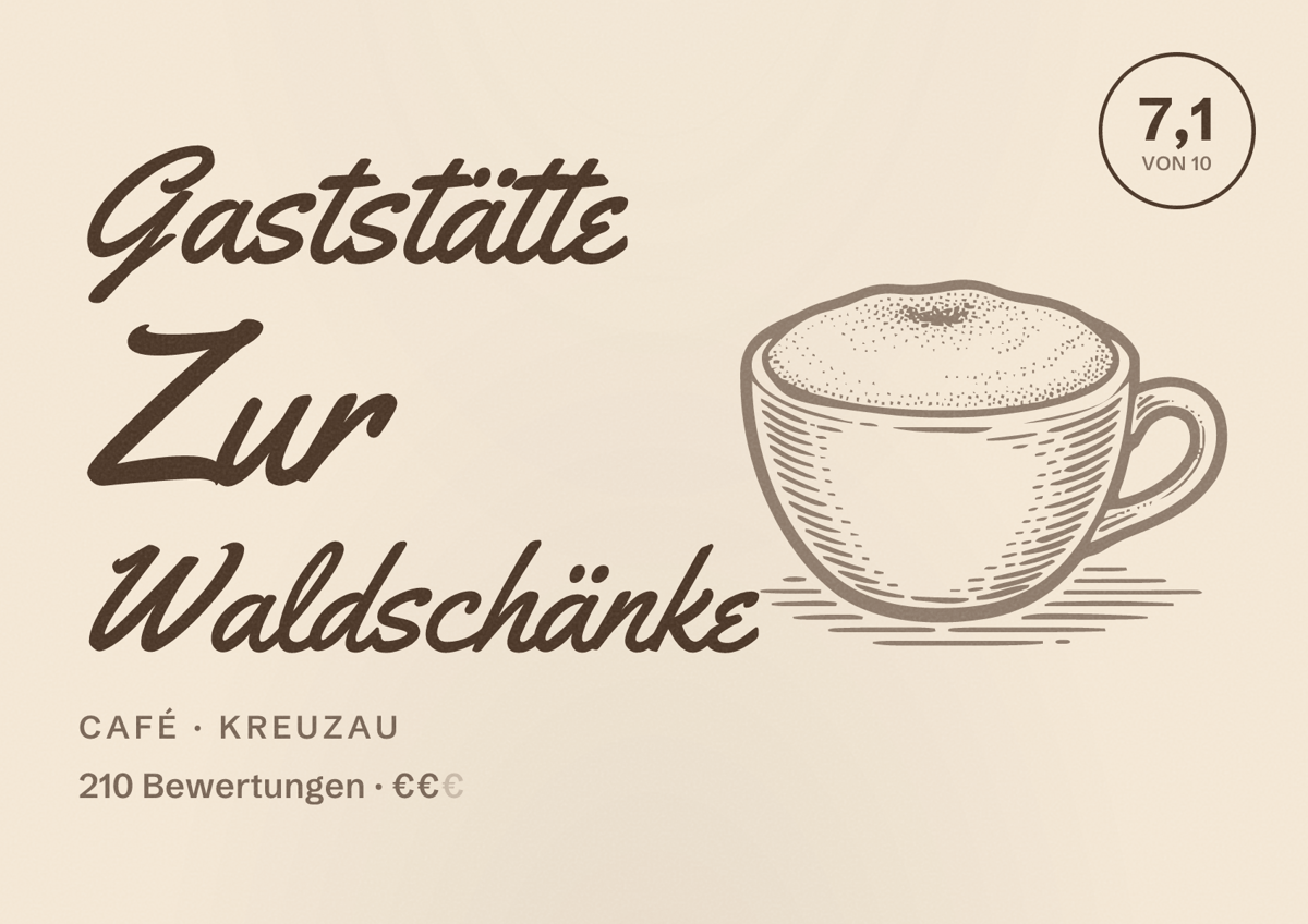 Illustriertes Poster von Gaststätte Zur Waldschänke, Café in Kreuzau: Bewertung 7,1 von 10 aus 210 Bewertungen, Preisniveau €€