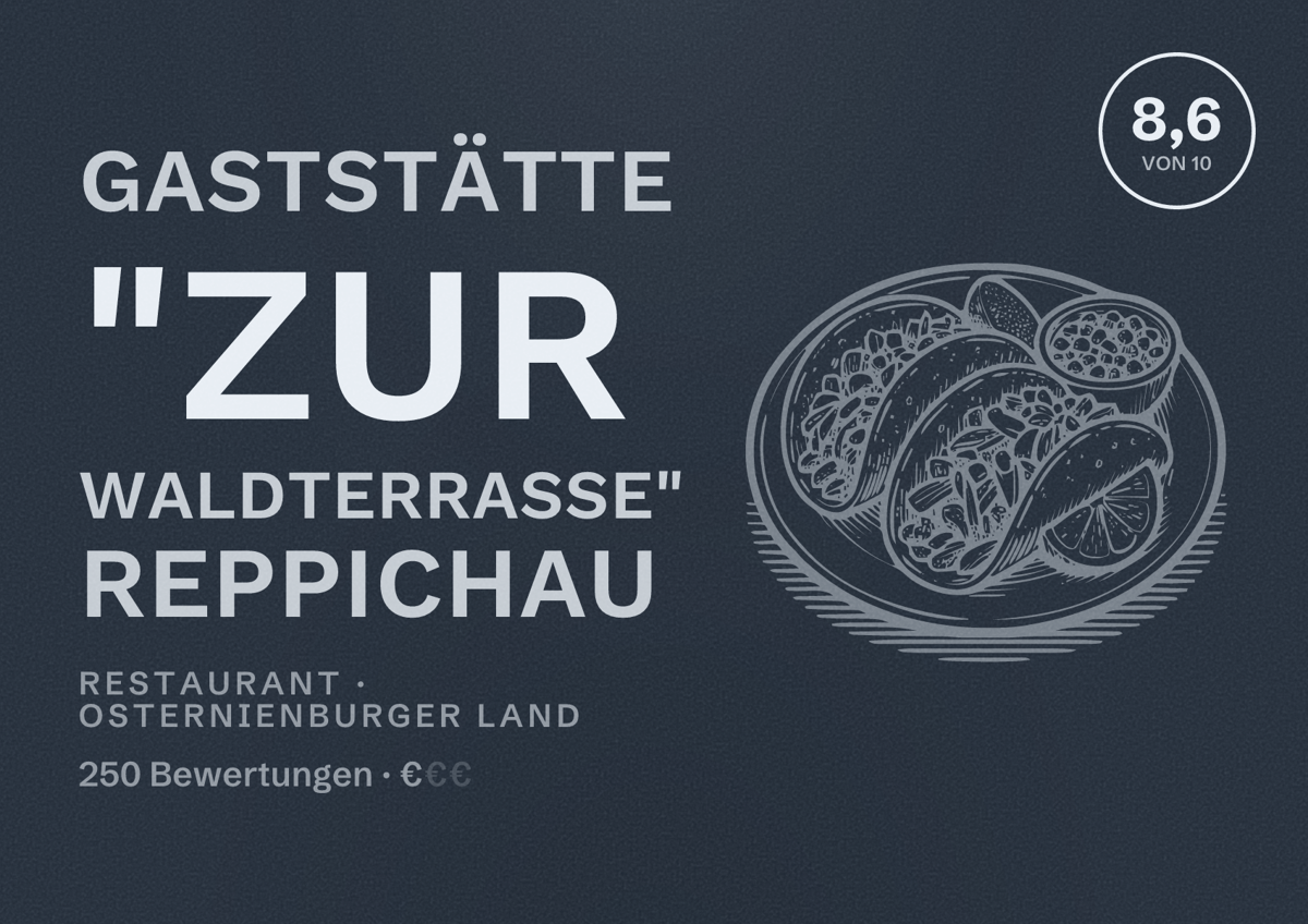 Illustriertes Poster von Gaststätte "Zur Waldterrasse" Reppichau, Restaurant in Osternienburger Land: Bewertung 8,6 von 10 aus 250 Bewertungen, Preisniveau €
