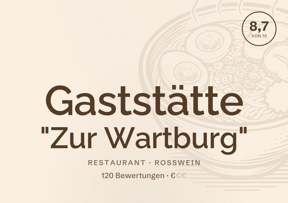 Illustriertes Poster von Gaststätte "Zur Wartburg", Restaurant in Roßwein: Bewertung 8,7 von 10 aus 120 Bewertungen, Preisniveau €