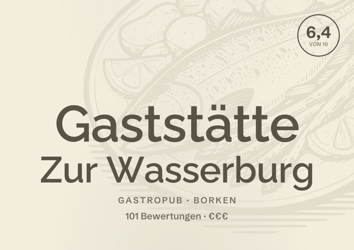 Illustriertes Poster von Gaststätte Zur Wasserburg, Gastropub in Borken: Bewertung 6,4 von 10 aus 101 Bewertungen, Preisniveau €€€