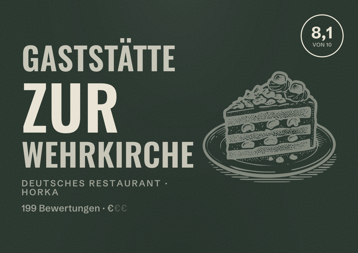 Illustriertes Poster von Gaststätte Zur Wehrkirche, Deutsches Restaurant in Horka: Bewertung 8,1 von 10 aus 199 Bewertungen, Preisniveau €