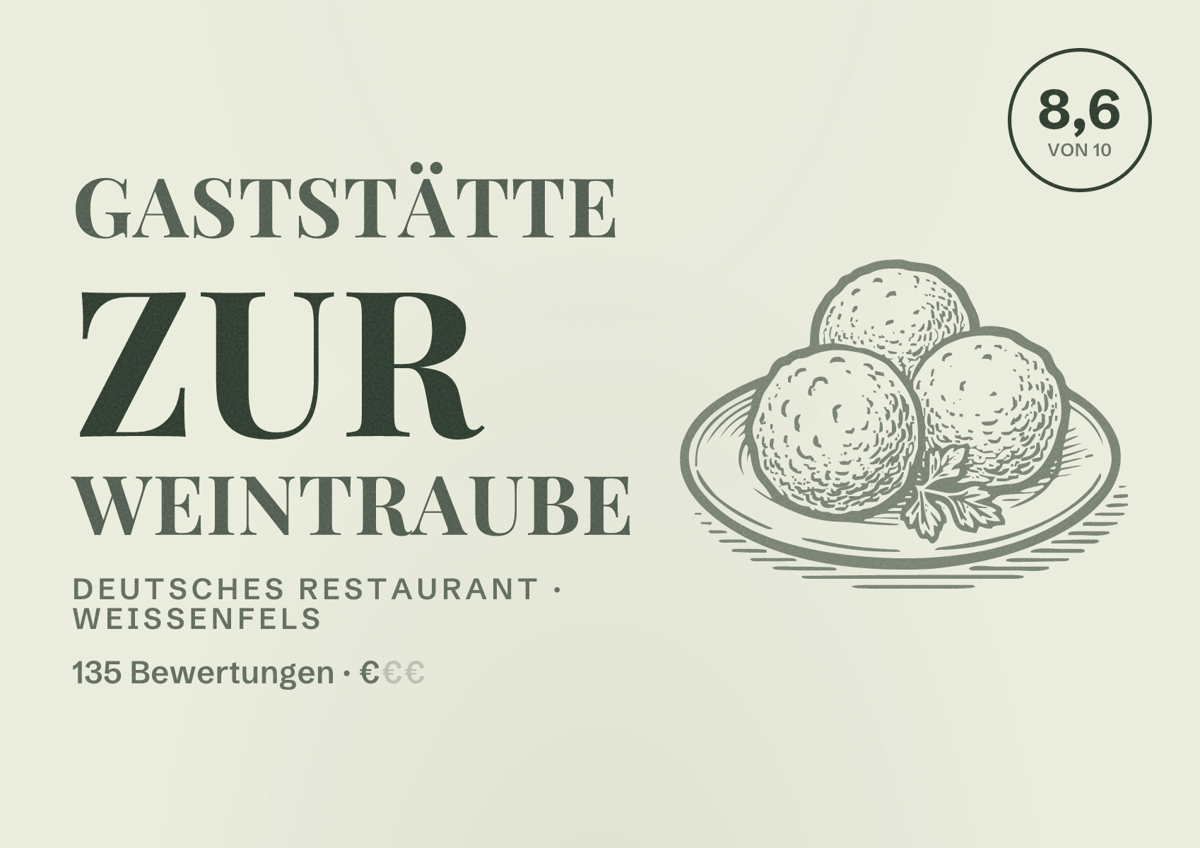 Illustriertes Poster von Gaststätte Zur Weintraube, Deutsches Restaurant in Weißenfels: Bewertung 8,6 von 10 aus 135 Bewertungen, Preisniveau €