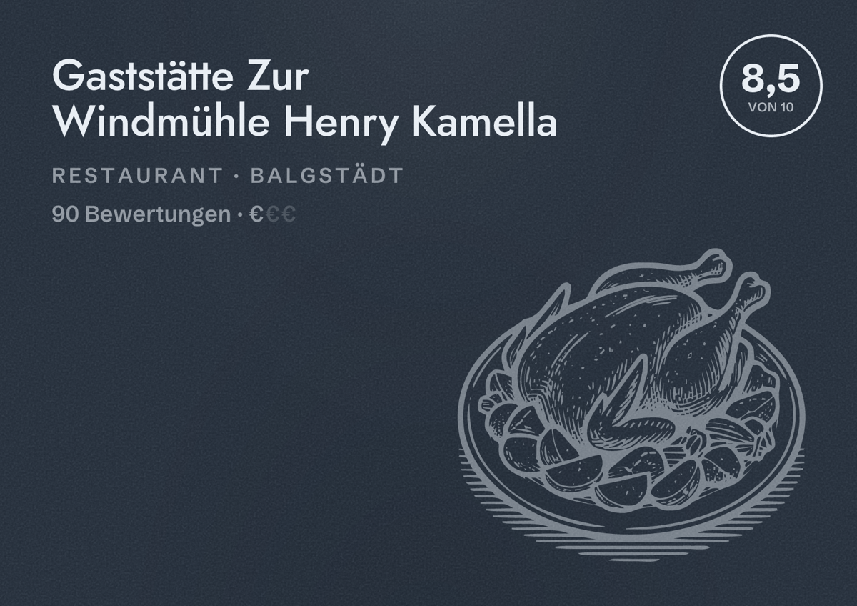 Illustriertes Poster von Gaststätte Zur Windmühle Henry Kamella, Restaurant in Balgstädt: Bewertung 8,5 von 10 aus 90 Bewertungen, Preisniveau €
