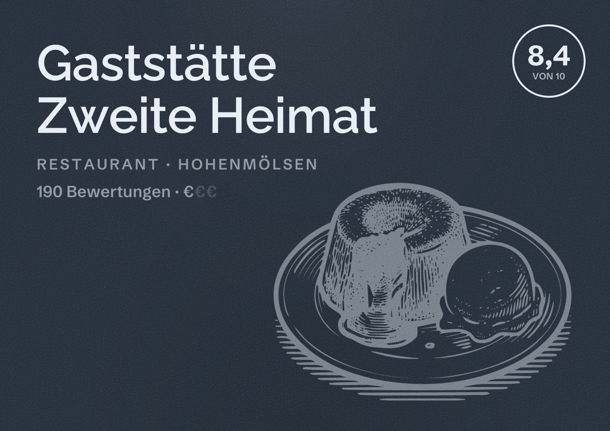 Illustriertes Poster von Gaststätte Zweite Heimat, Restaurant in Hohenmölsen: Bewertung 8,4 von 10 aus 190 Bewertungen, Preisniveau €