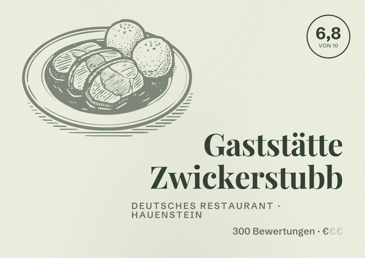 Illustriertes Poster von Gaststätte Zwickerstubb, Deutsches Restaurant in Hauenstein: Bewertung 6,8 von 10 aus 300 Bewertungen, Preisniveau €