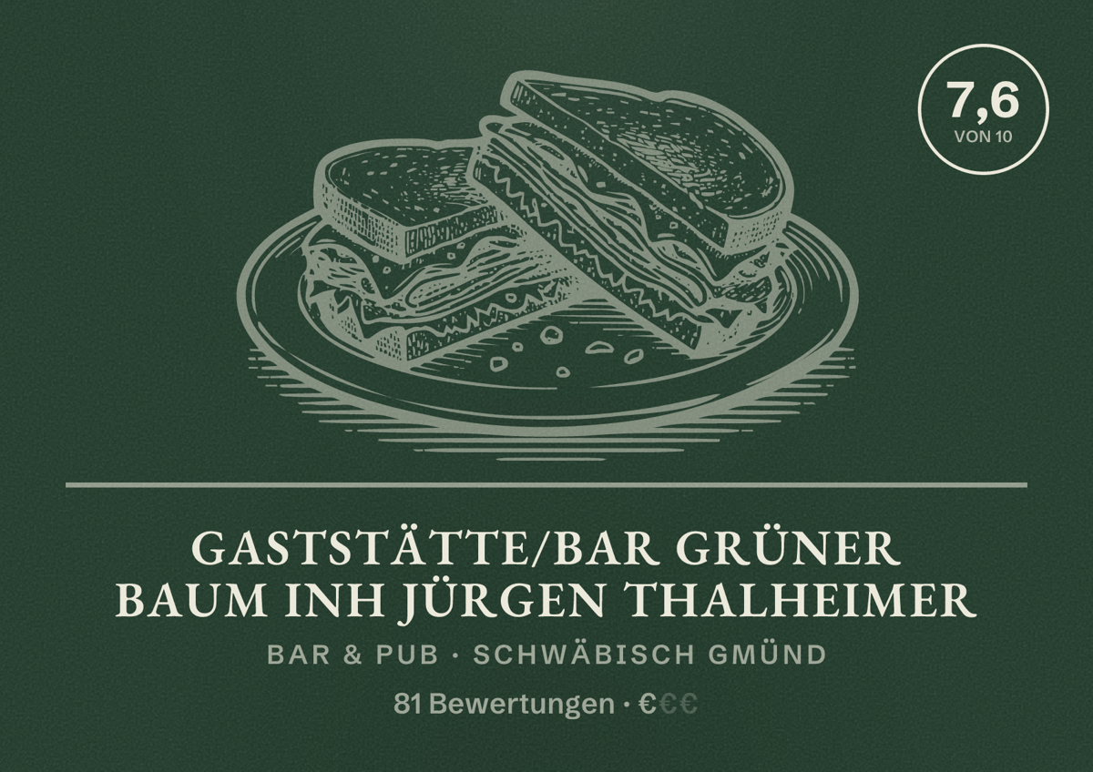 Illustriertes Poster von Gaststätte/Bar Grüner Baum Inh JÜRGEN Thalheimer, Bar & Pub in Schwäbisch Gmünd: Bewertung 7,6 von 10 aus 81 Bewertungen, Preisniveau €