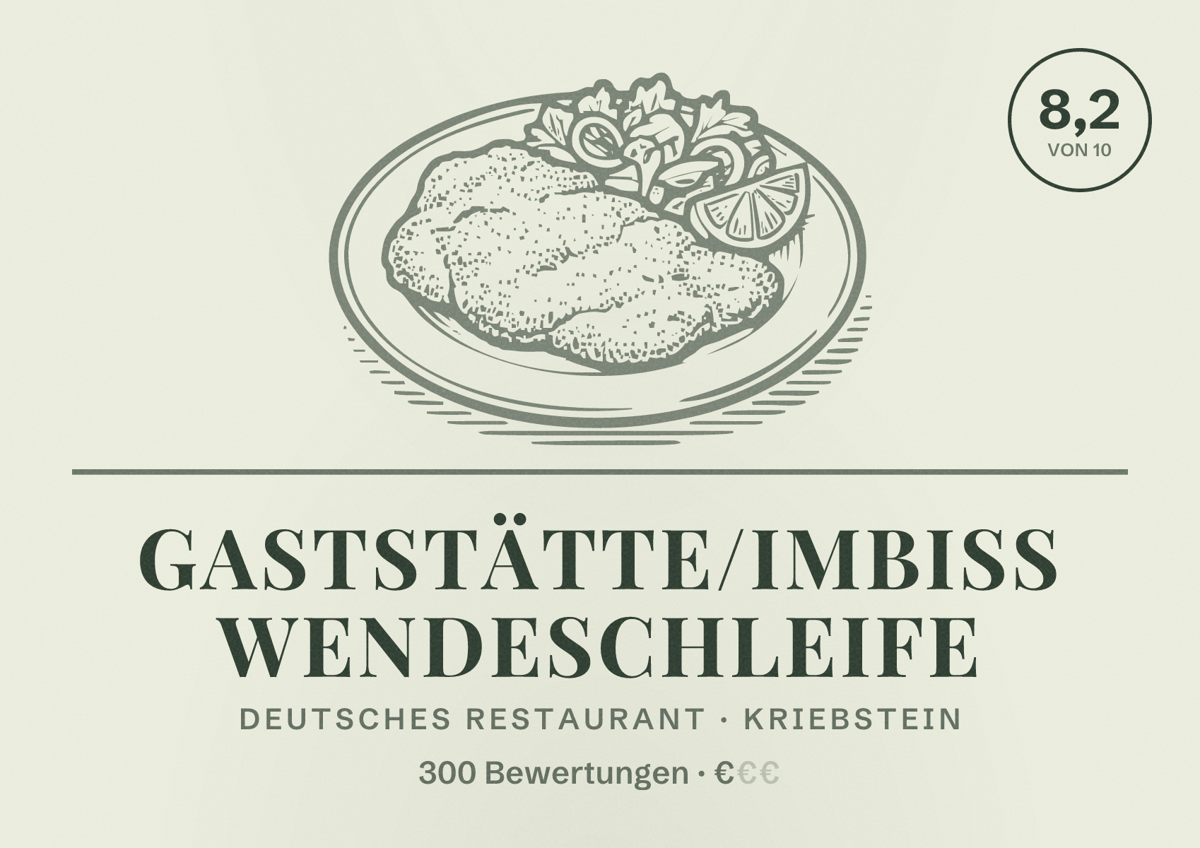 Illustriertes Poster von Gaststätte/Imbiss Wendeschleife, Deutsches Restaurant in Kriebstein: Bewertung 8,2 von 10 aus 300 Bewertungen, Preisniveau €