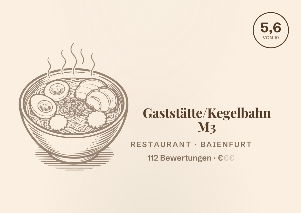 Illustriertes Poster von Gaststätte/Kegelbahn M3, Restaurant in Baienfurt: Bewertung 5,6 von 10 aus 112 Bewertungen, Preisniveau €
