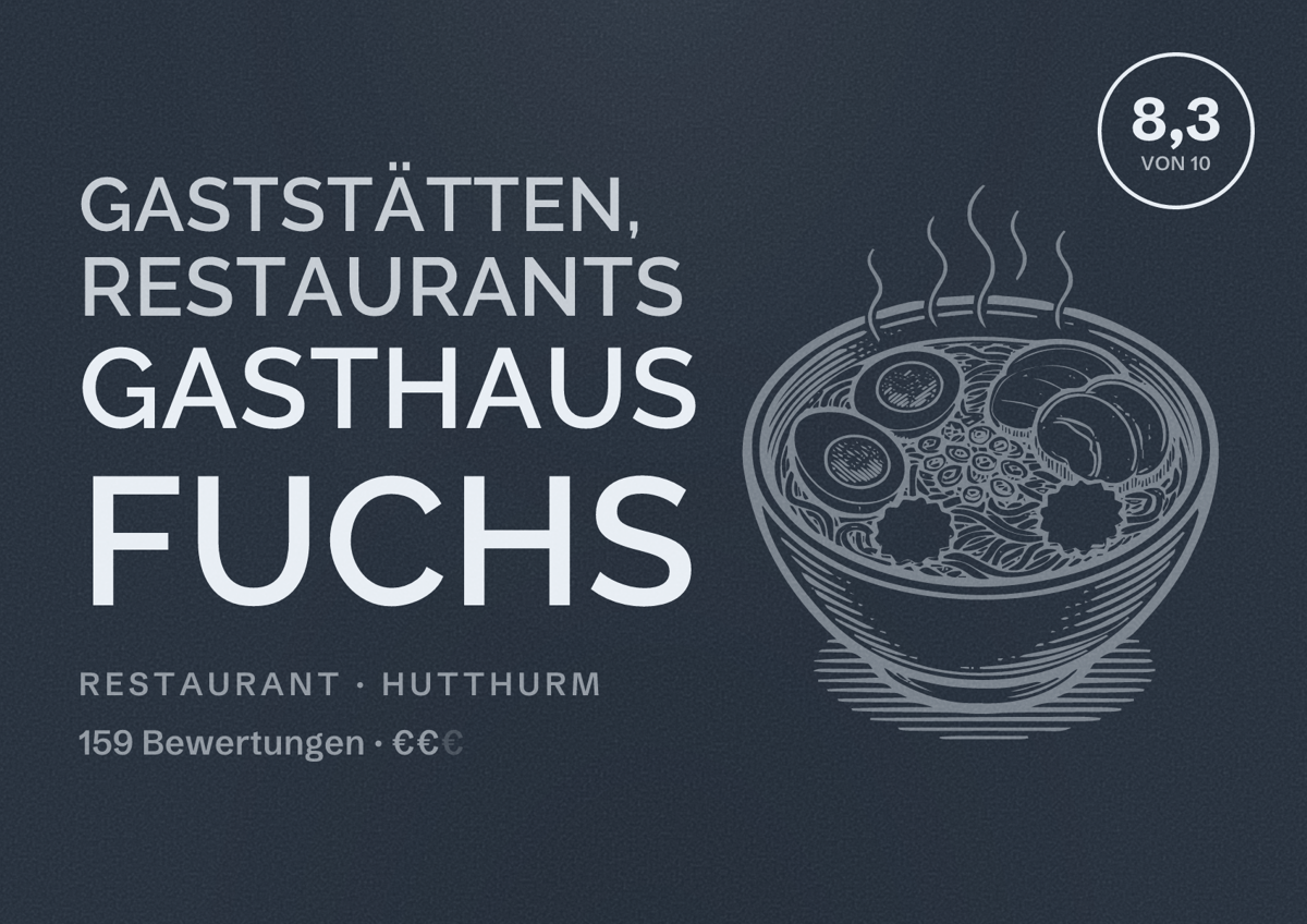 Illustriertes Poster von Gaststätten, Restaurants Gasthaus Fuchs, Restaurant in Hutthurm: Bewertung 8,3 von 10 aus 159 Bewertungen, Preisniveau €€