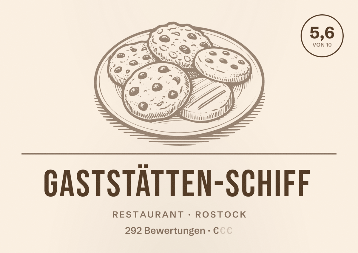 Illustriertes Poster von Gaststätten-Schiff, Restaurant in Rostock: Bewertung 5,6 von 10 aus 292 Bewertungen, Preisniveau €