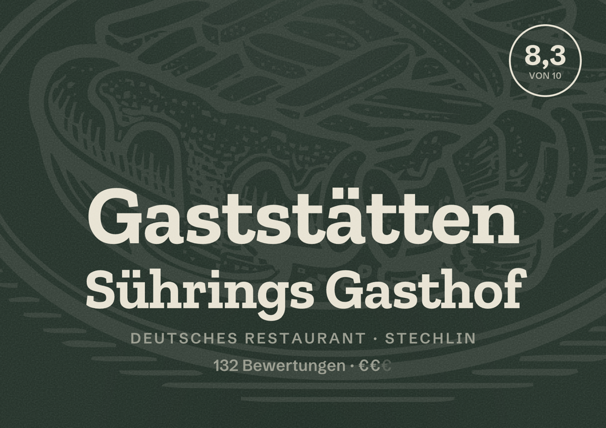Illustriertes Poster von Gaststätten Sührings Gasthof, Deutsches Restaurant in Stechlin: Bewertung 8,3 von 10 aus 132 Bewertungen, Preisniveau €€