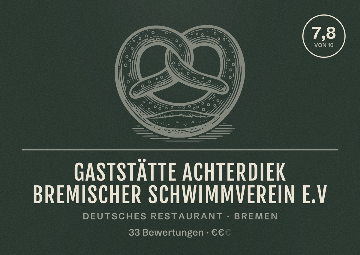 Illustriertes Poster von Gaststätte Achterdiek Bremischer Schwimmverein e.V, Deutsches Restaurant in Bremen: Bewertung 7,8 von 10 aus 33 Bewertungen, Preisniveau €€