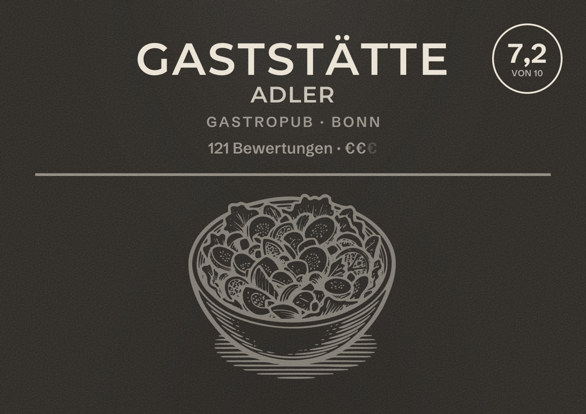 Illustriertes Poster von Gaststätte Adler, Gastropub in Bonn: Bewertung 7,2 von 10 aus 121 Bewertungen, Preisniveau €€