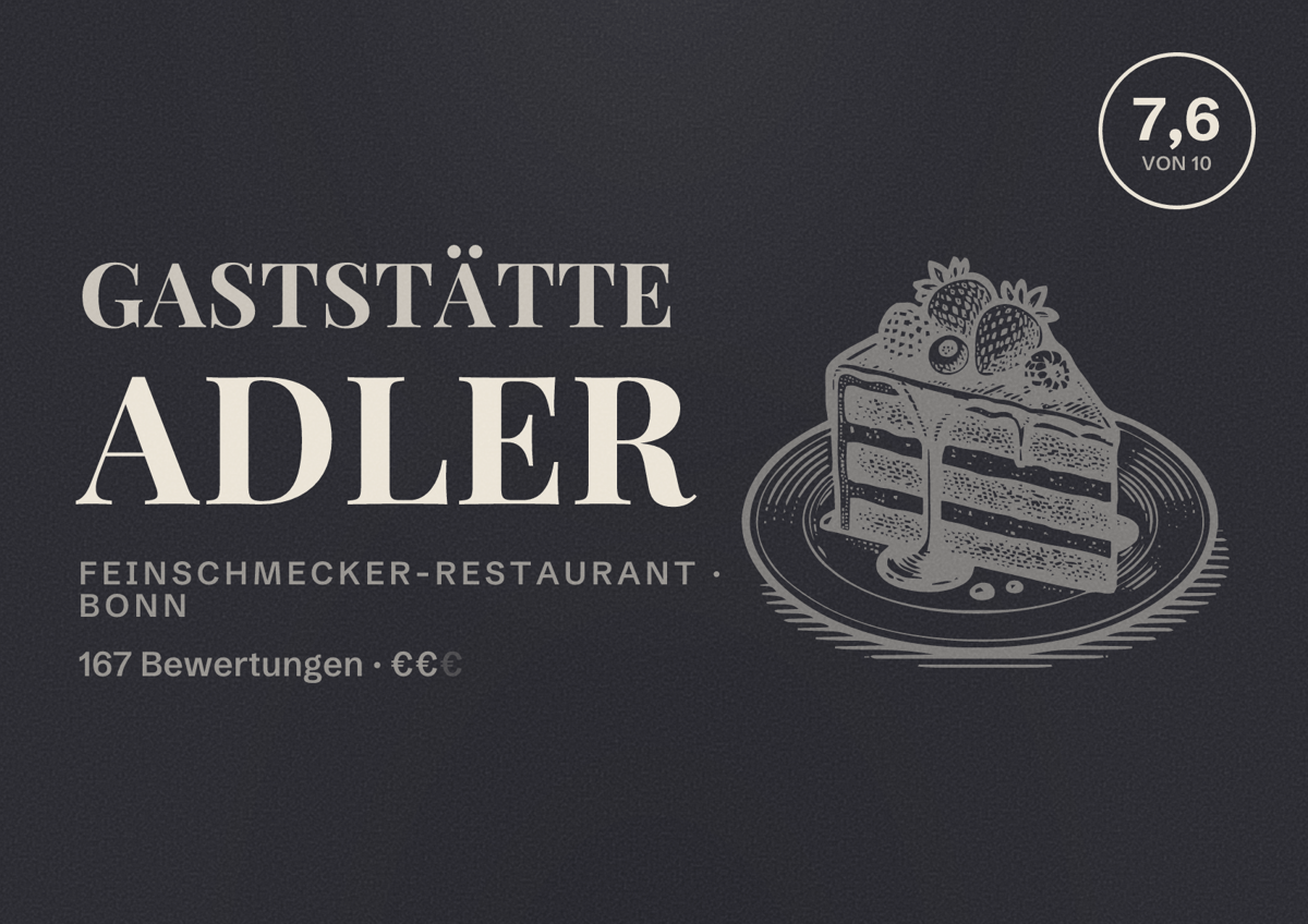 Illustriertes Poster von Gaststätte Adler, Feinschmecker-Restaurant in Bonn: Bewertung 7,6 von 10 aus 167 Bewertungen, Preisniveau €€