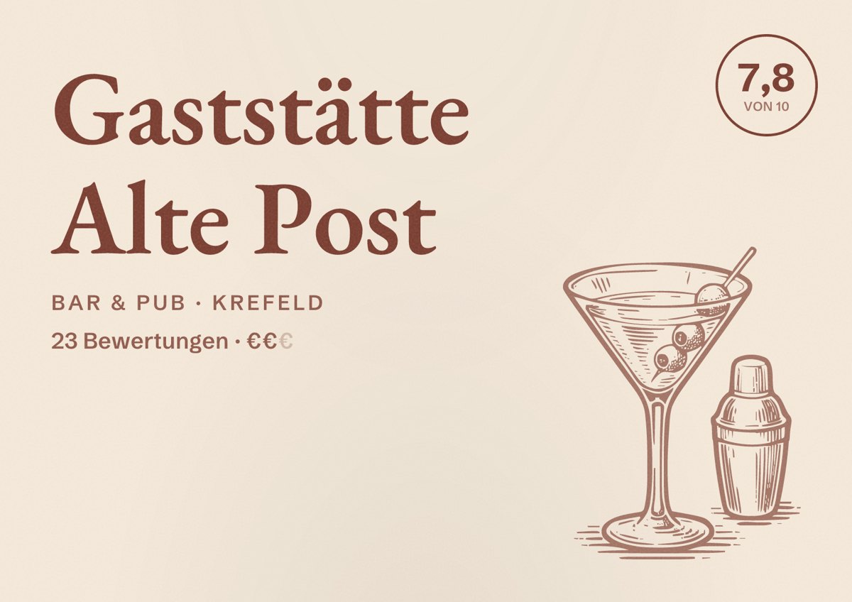 Illustriertes Poster von Gaststätte Alte Post, Bar & Pub in Krefeld: Bewertung 7,8 von 10 aus 23 Bewertungen, Preisniveau €€