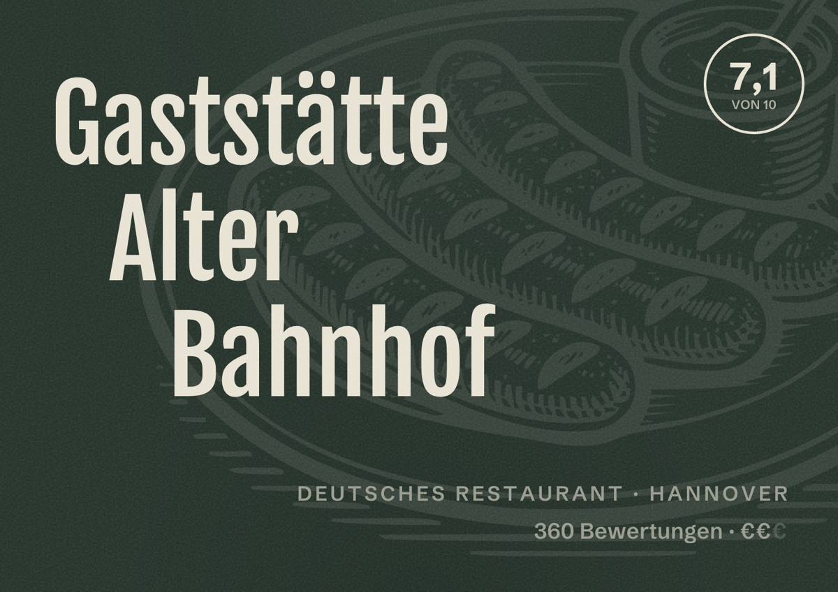Illustriertes Poster von Gaststätte Alter Bahnhof, Deutsches Restaurant in Hannover: Bewertung 7,1 von 10 aus 360 Bewertungen, Preisniveau €€