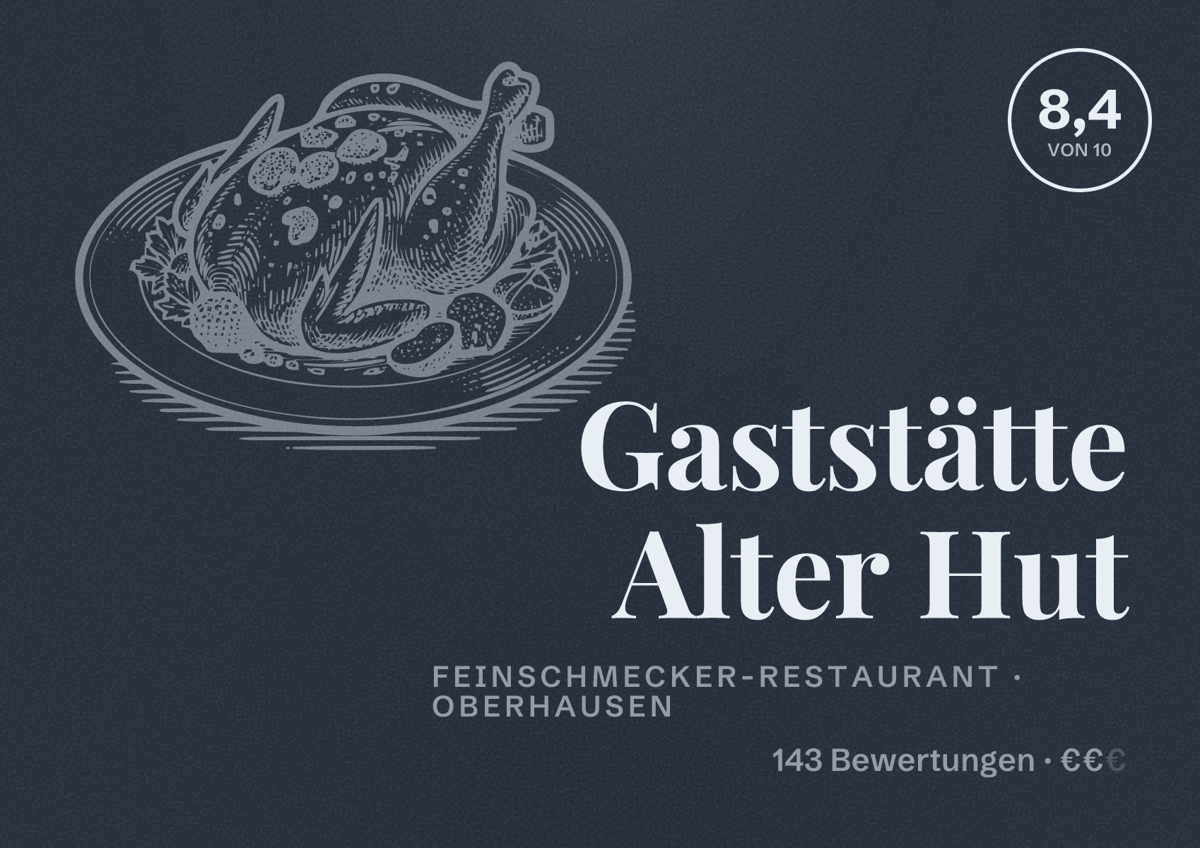 Illustriertes Poster von Gaststätte Alter Hut, Feinschmecker-Restaurant in Oberhausen: Bewertung 8,4 von 10 aus 143 Bewertungen, Preisniveau €€