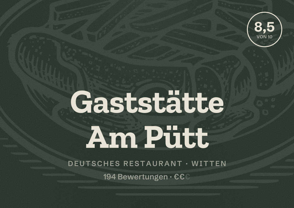 Illustriertes Poster von Gaststätte Am Pütt, Deutsches Restaurant in Witten: Bewertung 8,5 von 10 aus 194 Bewertungen, Preisniveau €€