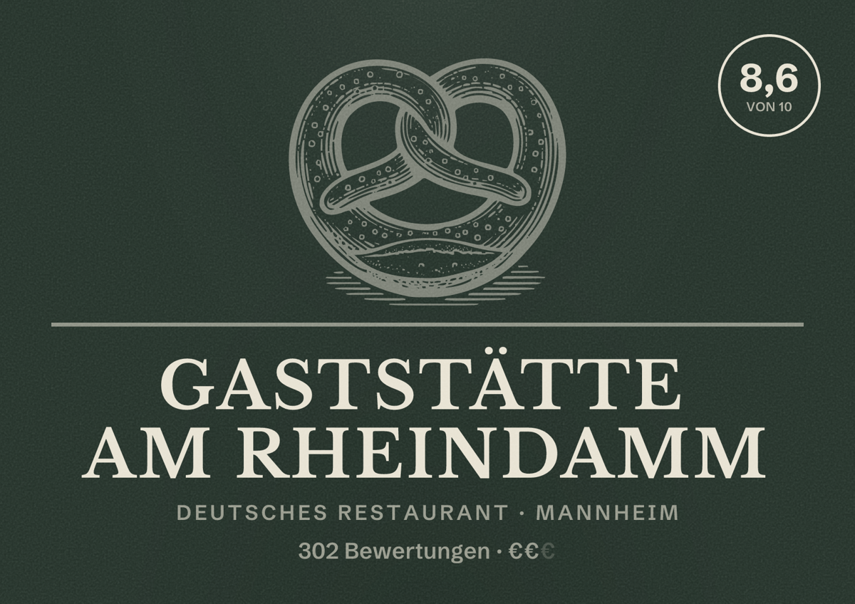 Illustriertes Poster von Gaststätte Am Rheindamm, Deutsches Restaurant in Mannheim: Bewertung 8,6 von 10 aus 302 Bewertungen, Preisniveau €€